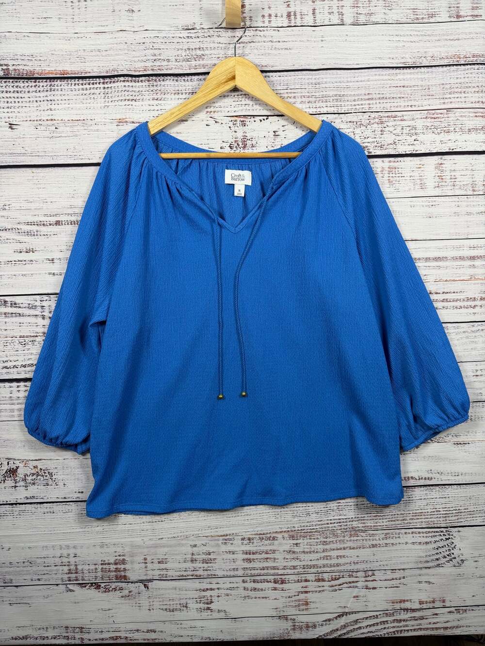 Croft & Barrow Womens Peasant Top XL Blue Crinkle Knit Tie Neck Balloon Sleeve